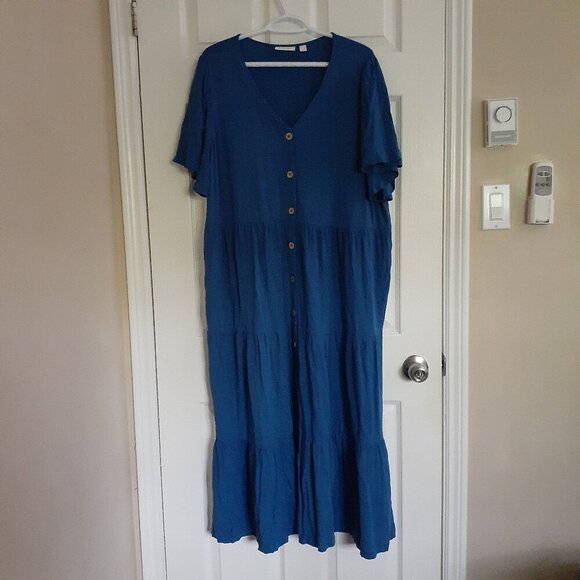 Susan Graver Women's Size 1X Blue Linen Blend Tiered Button Front Midi Dress - Picture 3 of 13